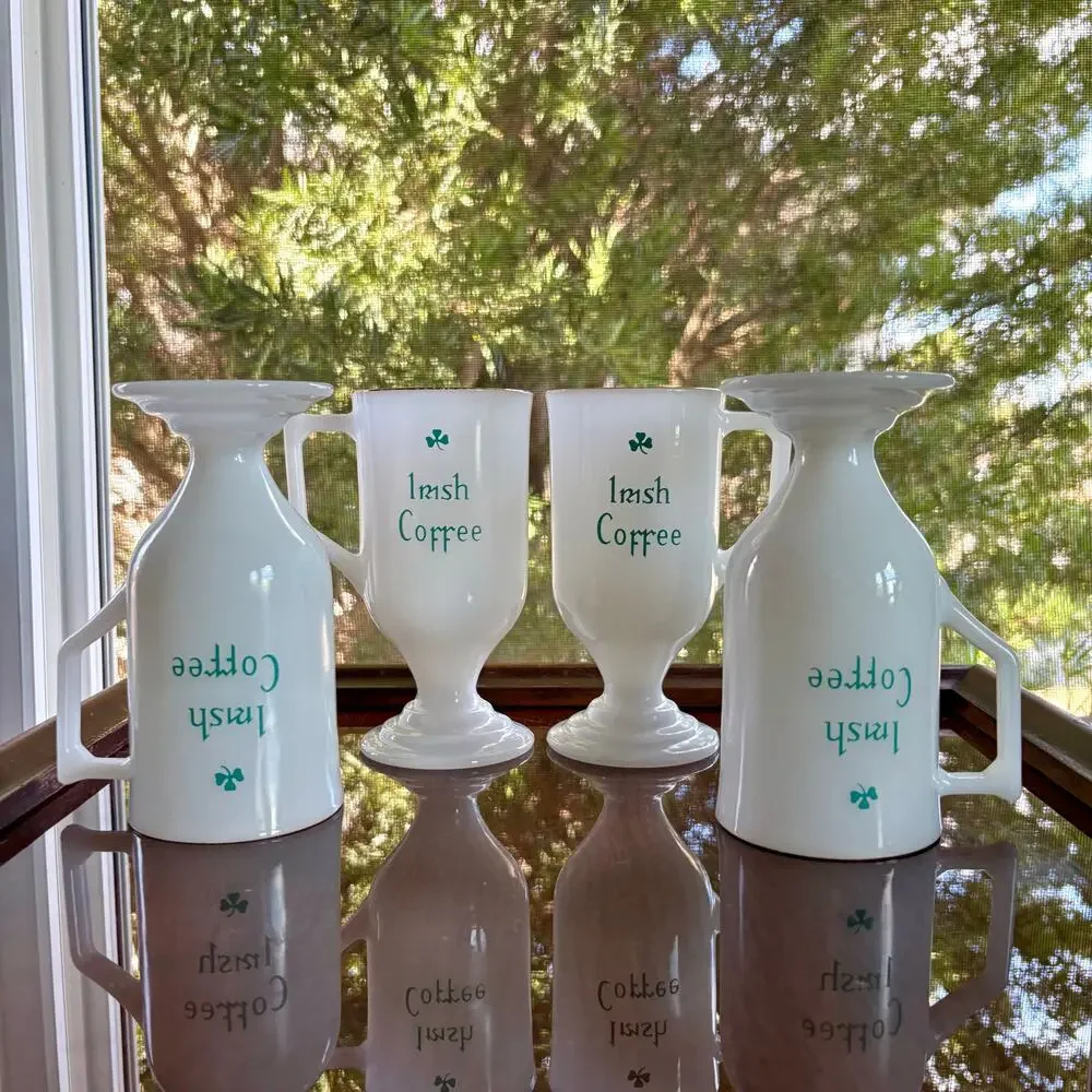 Vintage Irish Coffee Milk Glass Mugs Set of 4 Gold Rim, St. Patrick's Day